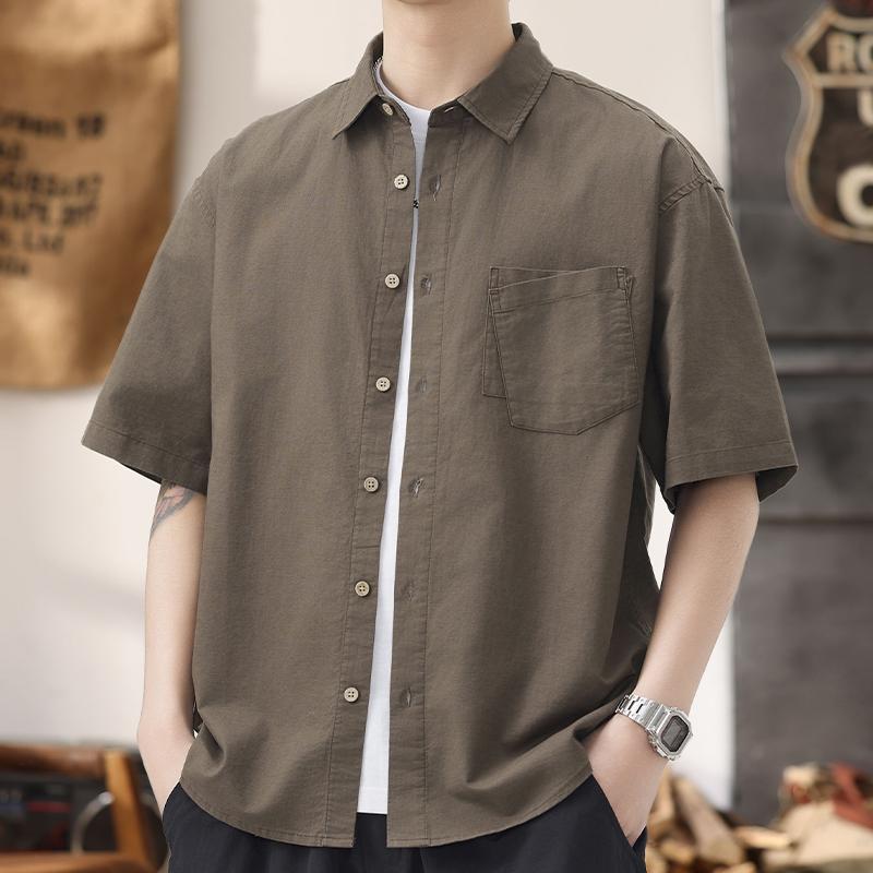 メンズ ファッション 服 男性用 オシャレ シンプル 大人 かっこいい ストリート レトロ リネン カジュアル 半袖 シャツ 夏 薄手 ブラウン 半袖 トップス ジャケット