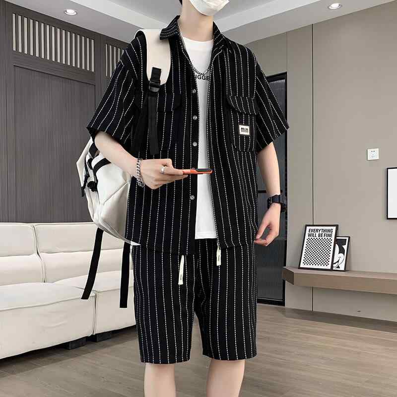 メンズ ファッション 服 男性用 オシャレ シンプル 大人 かっこいい ストリート 夏 冷感 スーツ ストライプ ゆったり 半袖 シャツ 五分丈 パンツ ハイエンド マッチングセット