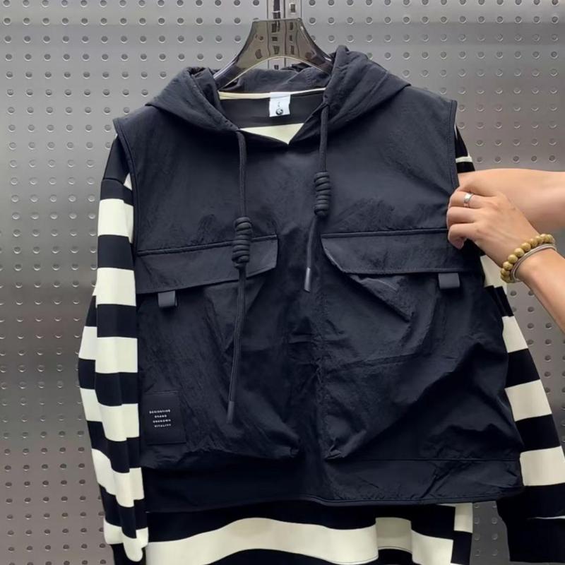 春 コーデ メンズ 用 服 シンプル ファッション オシャレ 大人 かっこいい 大きいサイズ ストリート 紳士服 ベスト ジャケット フェイク ツーピース フード付き ノースリーブ トップス