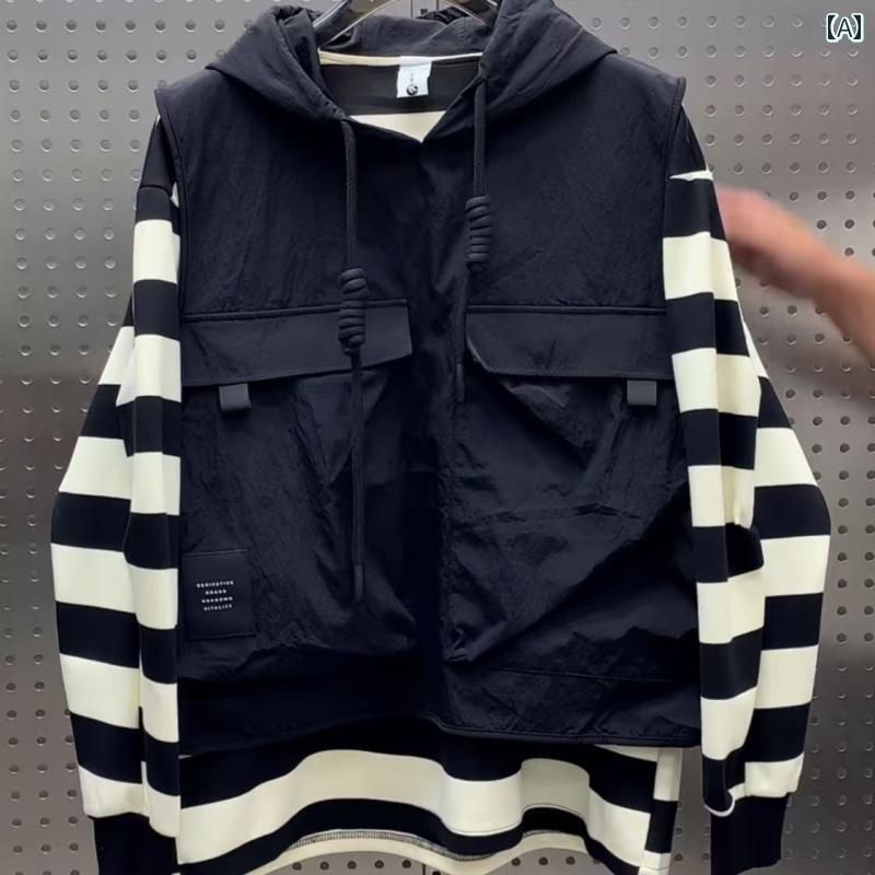 春 コーデ メンズ 用 服 シンプル ファッション オシャレ 大人 かっこいい 大きいサイズ ストリート 紳士服 ベスト ジャケット フェイク ツーピース フード付き ノースリーブ トップス