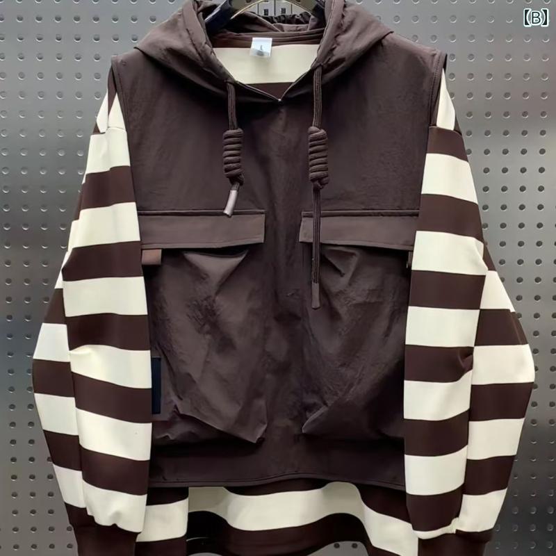 春 コーデ メンズ 用 服 シンプル ファッション オシャレ 大人 かっこいい 大きいサイズ ストリート 紳士服 ベスト ジャケット フェイク ツーピース フード付き ノースリーブ トップス