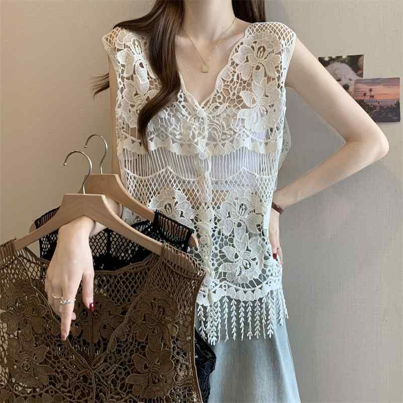 秋コーデ レディース ファッション レース 薄手 ベスト 大きいサイズ 服 タッセル ノースリーブ アウタ..