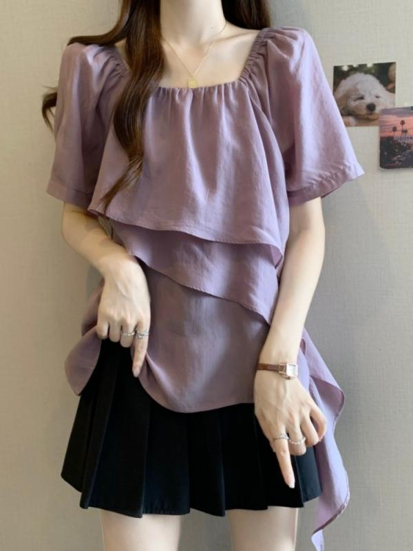 秋コーデ レディース ファッション 大きいサイズ 紫色 ハイエンド スクエアネック シフォン 半袖 シャツ スリム フレンチ トップス