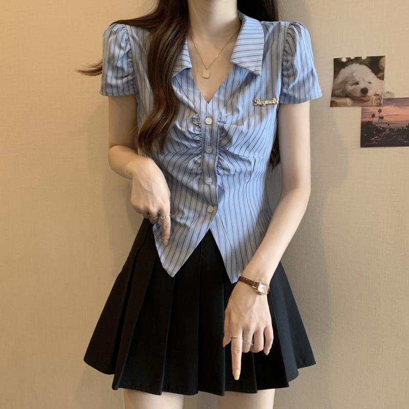 秋コーデ レディース ファッション フレンチ ハイエンド Vネック ブルーストライプ 半袖 シャツ ウエスト トップス