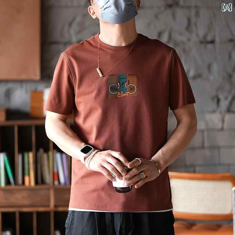 乐天商城 - メンズ ファッション 服 男性用 オシャレ シンプル 大人 かっこいい 大きいサイズ ストリート 紳士服 春 刺繍 パッチ 半袖 T シャツ 韓国スタイル カジュアル スリム ボトム T シャツ