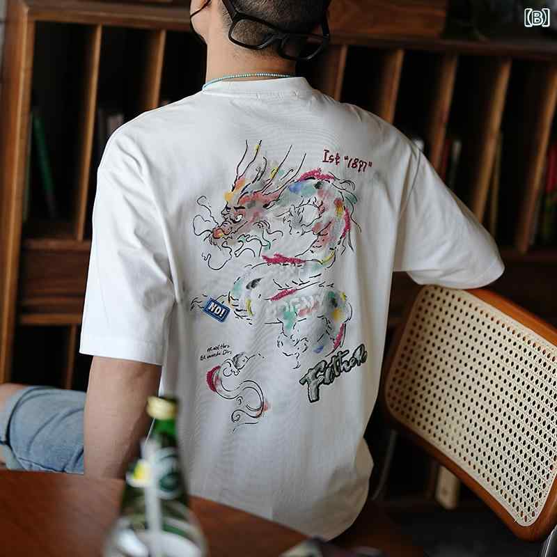 メンズ ファッション 服 男性用 オシャレ シンプル 大人 かっこいい 大きいサイズ ストリート 紳士服 ドラゴン 刺繍 半袖 T シャツ 夏 ファッション 半袖 ラウンドネック T シャツ トップス