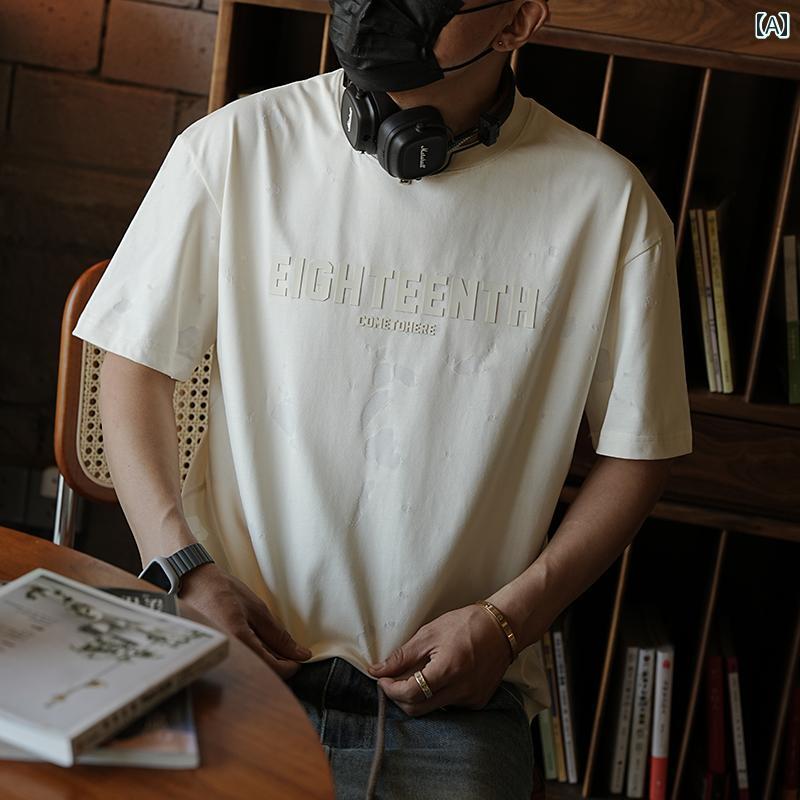 Japanese Print - メンズ ファッション 服 男性用 オシャレ シンプル 大人 かっこいい 大きいサイズ ストリート 紳士服 アメリカン レトロ 立体 オフ セット レター プリント 半袖 T シャツ 夏 ファッション シンプル 半袖 ラウンドネック シャツ