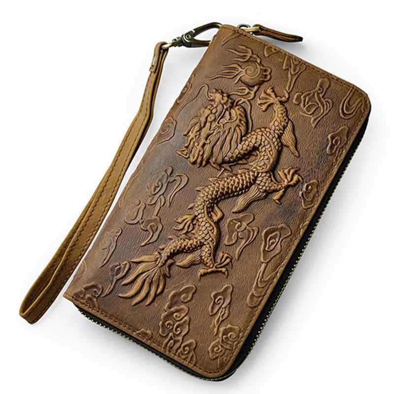 メンズ ファッション オシャレ アイテム 小物 レトロ 立体ドラゴン タイガーレザー 財布 第一層 牛革 ロング クラッチ バッグ マルチ カードスロット リスト