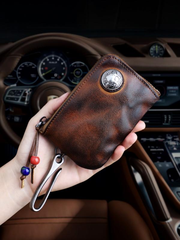 メンズ ファッション オシャレ アイテム 小物 レザーキー ケース レトロ タンニン なめし 牛革 小銭入れ カード バッグ 女性最上層 牛革 車キー ケース(4)