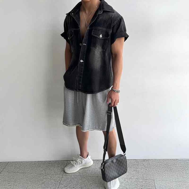 メンズ ファッション 服 男性用 オシャレ シンプル 大人 かっこいい ストリート ブラック ヘビーウォッシュ デニムシャツ ハイエンド ..
