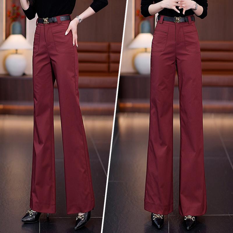 Rakuten - 秋コーデ レディース ファッション レッド ストレート スーツ パンツ ハイウエスト スリム カジュアル フレア ワイドレッグ