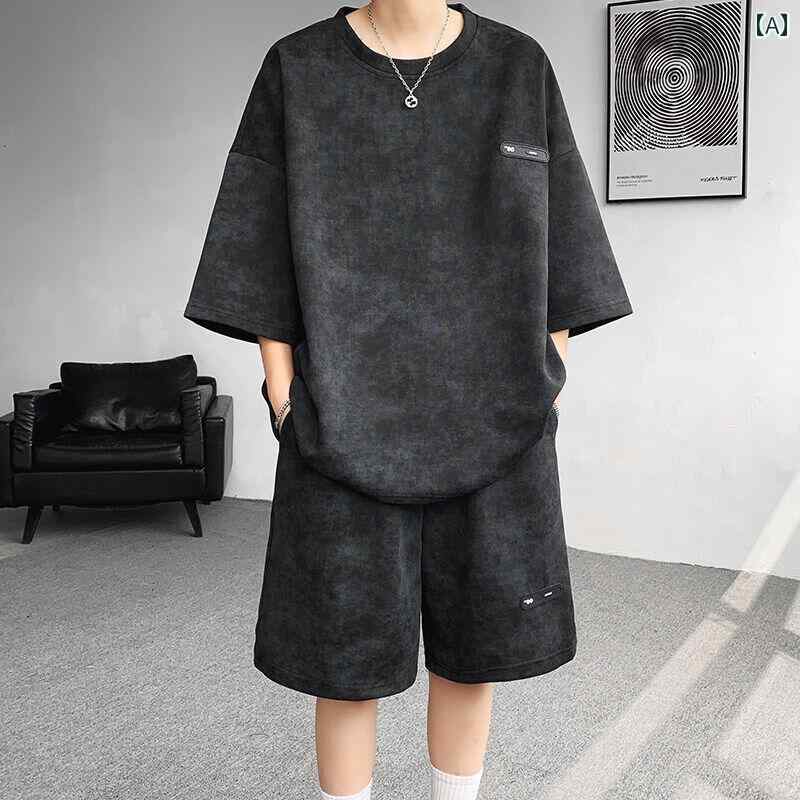 メンズ ファッション 服 男性用 オシャレ シンプル 大人 かっこいい ストリート アメリカン 夏 スーツ 半袖 パンツ ハイエンド クール 衣装 大きい ダーティ Tシャツ