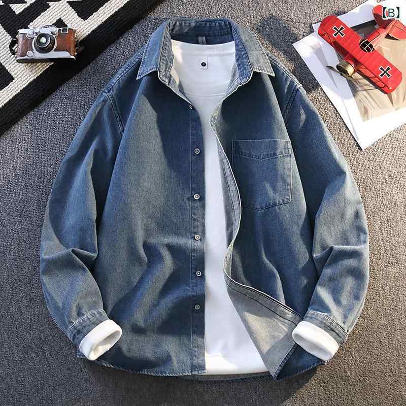 リコットのメンズ ファッション 服 男性用 オシャレ シンプル 大人 かっこいい ストリート 春 ジャケット 長袖 デニム シャツ ゆったり レトロ シャツ 薄手 秋 スタイル｜アングル3