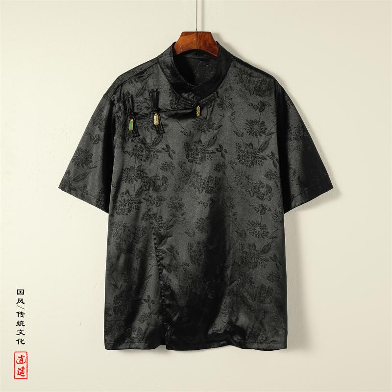 メンズ ファッション 服 男性用 オシャレ シンプル 大人 かっこいい ストリート 半袖 花柄服 斜め襟 ボタン 花柄 ダーク 冷感 スーツ 金属 ボタン シャツ