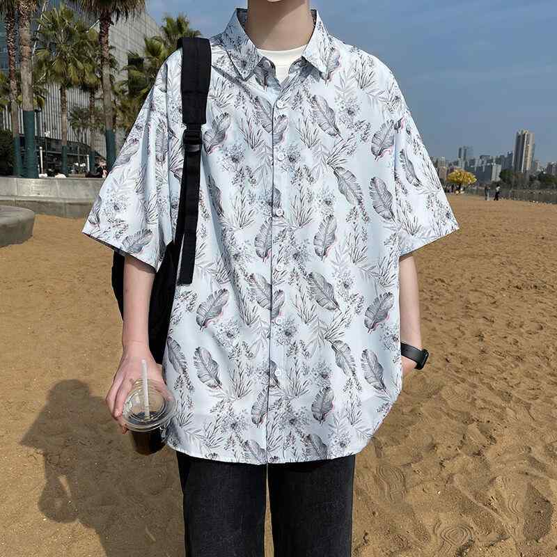 Other Apparel - メンズ ファッション 服 男性用 オシャレ シンプル 大人 かっこいい ストリート バケーション シャツ 半袖 花柄服 白 羽柄 プリント 服