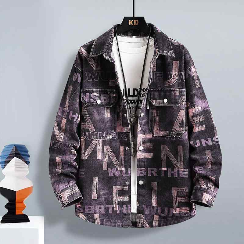 Denim Shirt - メンズ ファッション 服 男性用 オシャレ シンプル 大人 かっこいい ストリート 秋 デニム シャツ レター プリント カジュアル 長袖 シャツ ウォッシュ加工 厚手 ジャケット