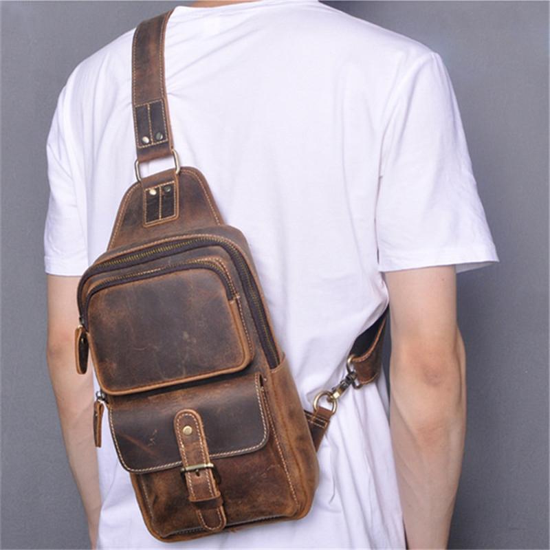 乐天商城 - メンズ ファッション オシャレ アイテム 小物 レトロ レザー チェスト バッグ 革 バックパック 大容量 11インチ フラット バッグ ショルダー メッセンジャー バッグ 牛革 バッグ