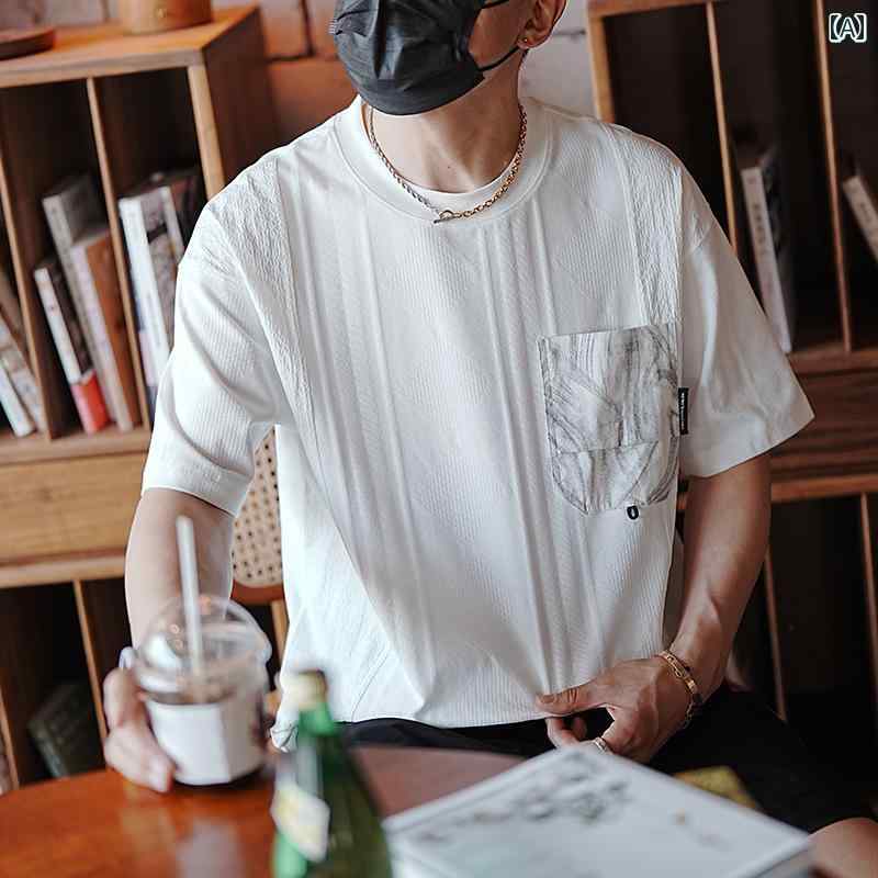 乐天商城 - メンズ ファッション 服 男性用 オシャレ シンプル 大人 かっこいい 大きいサイズ ストリート 紳士服 レトロ 織物 半袖 T シャツ 夏 カジュアル 半袖 T シャツ