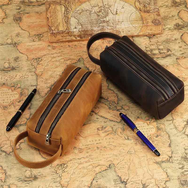 メンズ ファッション オシャレ アイテム 小物 レトロ クホースレザー 大容量 筆箱ダブル ジッパー ポータブル 文具 収納 革