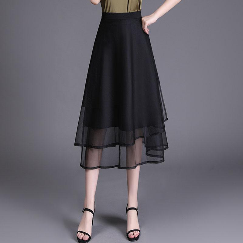 秋コーデ レディース ファッション 黒 スカート 婦人服 春秋 Aライン ミディアム ガーゼ