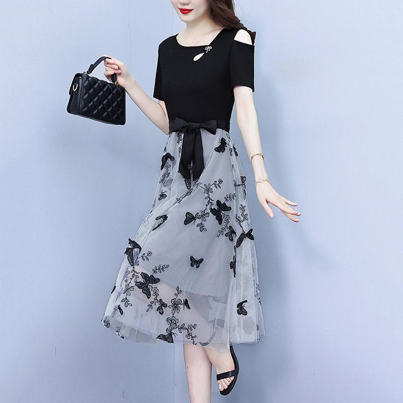 Rakuten - 秋コーデ レディース ファッション 女性用 シフォン ドレス フェイク ツーピース 半袖 ミディ
