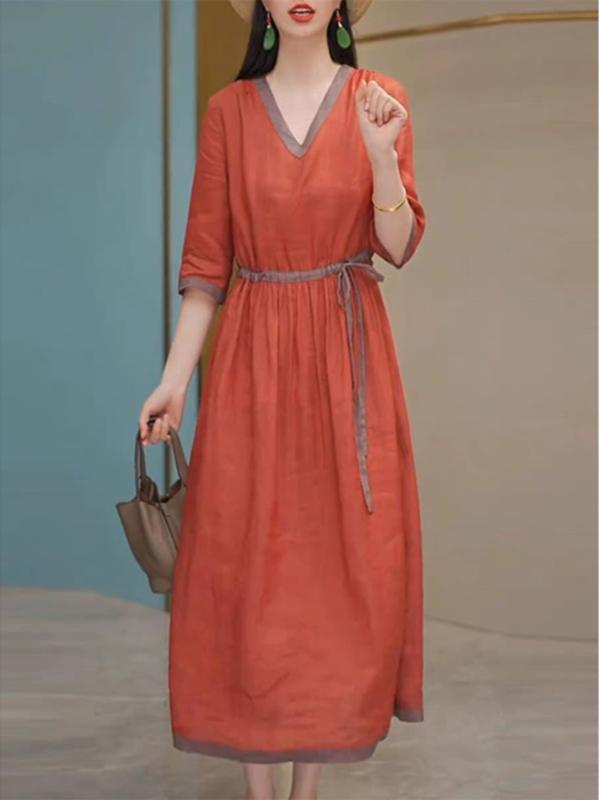 秋コーデ レディース ファッション ハイエンド コットン リネン ラミー ドレス 大きいサイズ ウエスト お スリム リネン Vネック
