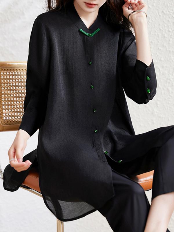Long-Sleeved - 秋コーデ レディース ファッション 女性用 ボタン 黒 長袖 シャツ 大きいサイズ ゆったり スタイル ミドル丈 トップス