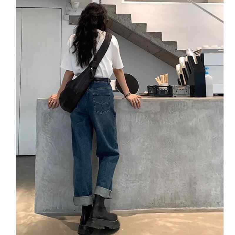 秋コーデ レディース ファッション レトロ ダーク ブルー ハイウエスト ストレート ジーンズ 秋 大きいサイズ 洋ナシ シェイプ スリミング ワイドレッグ パンツ