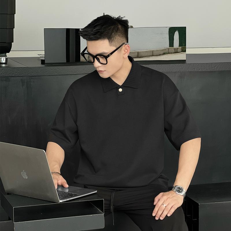 乐天商城 - メンズ ファッション 服 男性用 オシャレ シンプル 大人 かっこいい ストリート アウトフィット ポロ シャツ ハイエンド メタル ボタン 半袖 Tシャツ