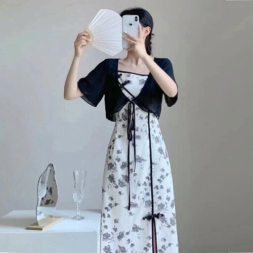レディース ファッション 服 オシャレ カワイイ 女性用 シンプル 大人カワイイ 大きいサイズ 婦人服 レトロ チャイナ ドレス インク プリント サスペンダー スカート 2点 セット レディース ファッション 服 オシャレ カワイイ 女性用 シンプル 大人カワイイ 大きいサイズ 婦人服 レトロ チャイナ ドレス インク プリント サスペンダー スカート 2点 セット