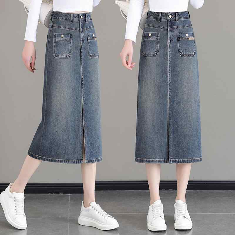 秋コーデ レディース ファッション デニム スカート 春秋 ハイウエスト ミディアム Aライン スカート スリット ワンステップ