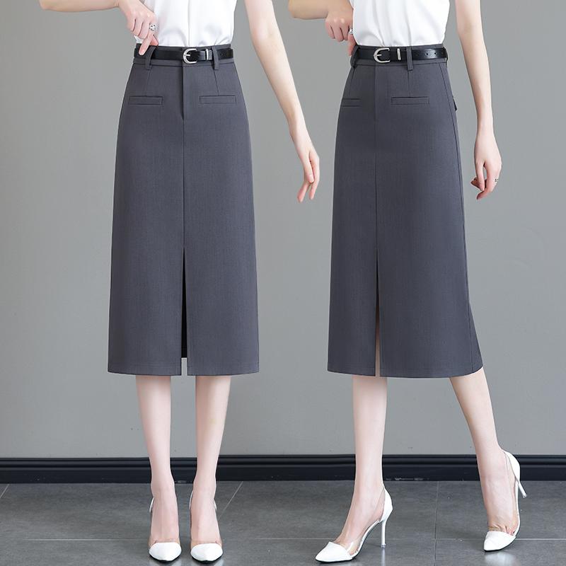 秋コーデ レディース ファッション シニア グレー スーツ スカート ハイウエスト スリット Aライン ミドル丈 ワンステップ スカート