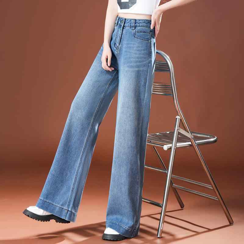 秋コーデ レディース ファッション ライト ブルー デニム ワイドレッグ パンツ 春秋冬 ハイウエスト ベルベット 厚手 ストレート ビッグ