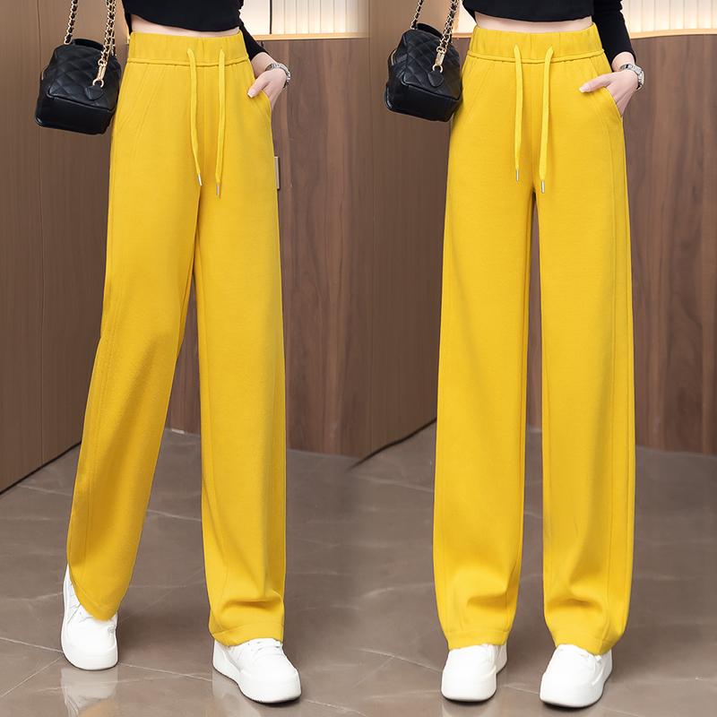 Rakuten - 秋コーデ レディース ファッション イエロー ワイドレッグ パンツ 春秋 ハイウエストドローストリング カジュアル ストレート スポーツ