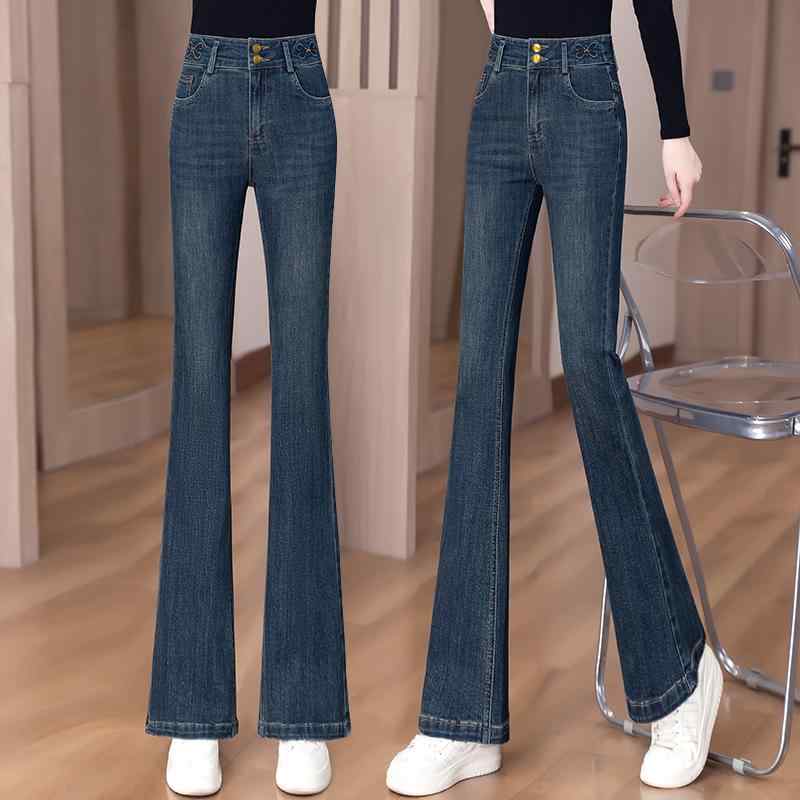 秋コーデ レディース ファッション フレア ワイドレッグ ジーンズ 春秋 ハイウエスト ストレート ダブルブレスト フレア パンツ