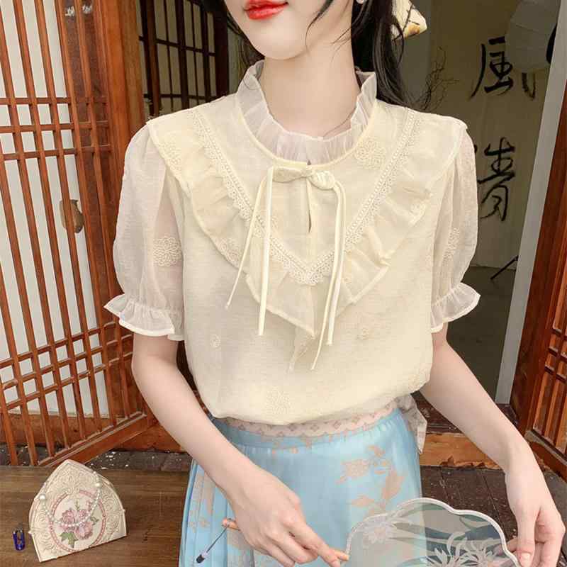 秋コーデ レディース ファッション 女性用 ボタン フリル 半袖 シフォン シャツ(4.0)