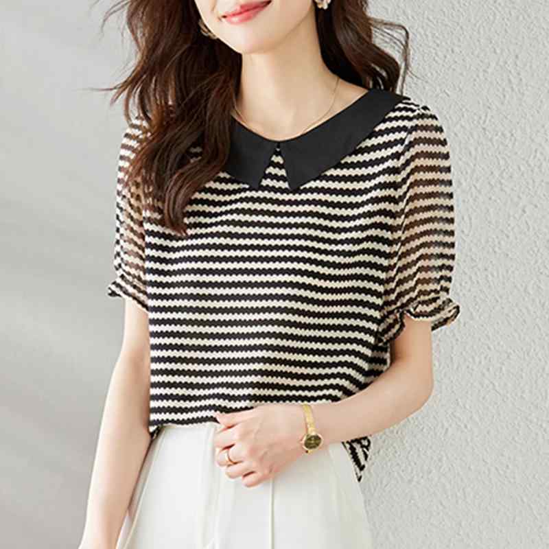 Rakuten - 秋コーデ レディース ファッション フレンチ ストライプ 半袖 シフォン シャツ 女性用 スタイル シック シャツ スタイリッシュ