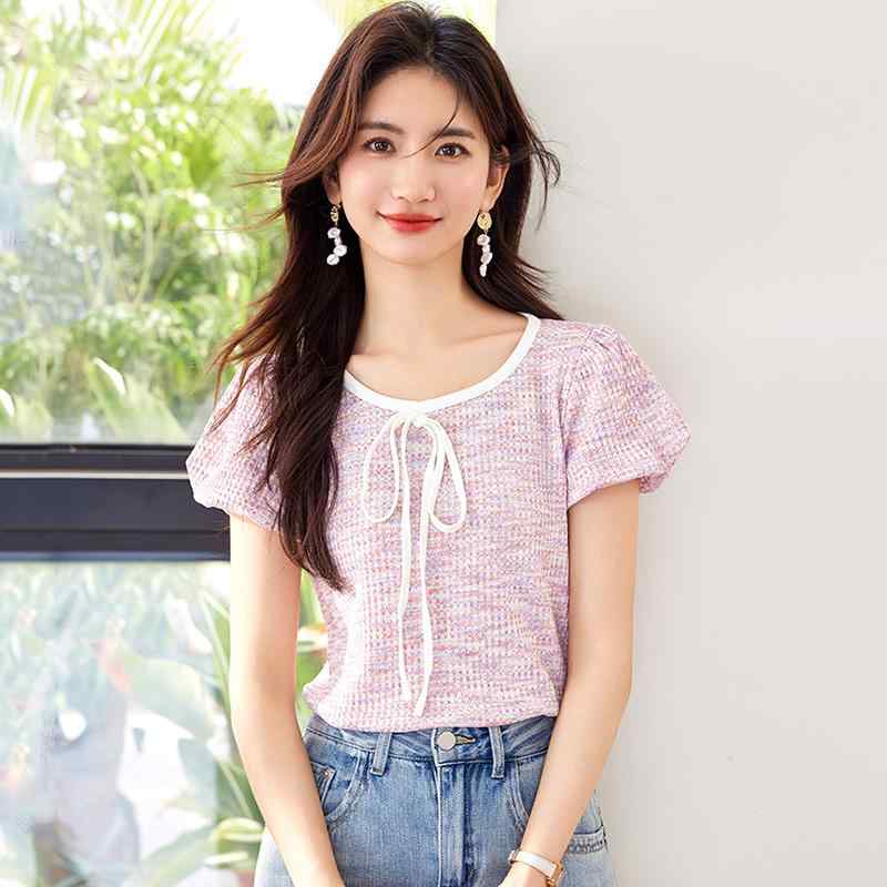 秋コーデ レディース ファッション フレンチ リボン 半袖 Tシャツ パフスリーブ ストレート ショルダー トップス