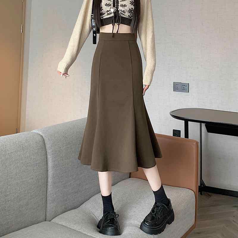 楽天リコット春 コーデ レディース ファッション オシャレ アイテム カワイイ 用 シンプル 大人カワイイ ブラウン ウール フィッシュ テール スカート レディース ミドル丈 ハイウエスト スリム フリル Aライン ロング