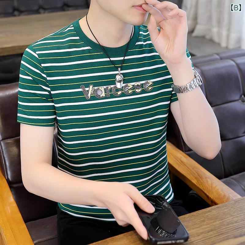 メンズ ファッション 服 用 オシャレ シンプル 大人 かっこいい ストリート 夏コーデ トップス ストライプ 半袖 T シャツ ラウンドネック プリント ジャカード コットン
