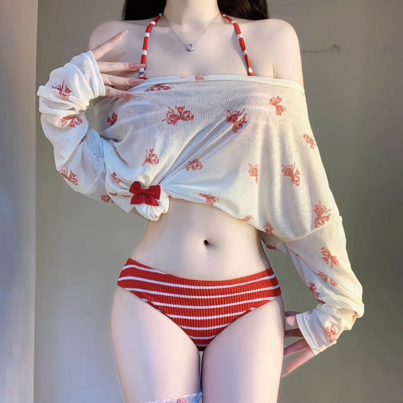 夏コーデ レディース ファッション 服 オシャレ カワイイ 女性用 シンプル 大人カワイイ 赤 ストライプ ビキニ 海辺 水着 カバー アップ 集る