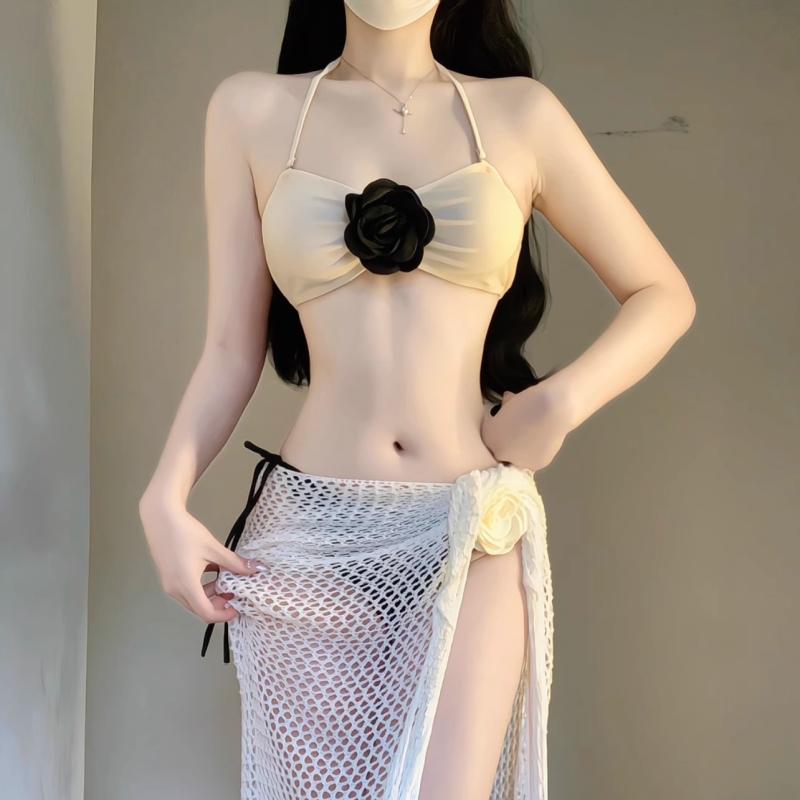 夏コーデ レディース ファッション 服 オシャレ カワイイ 女性用 シンプル 大人カワイイ ロング スカート ビキニ 花 バックレス 水着