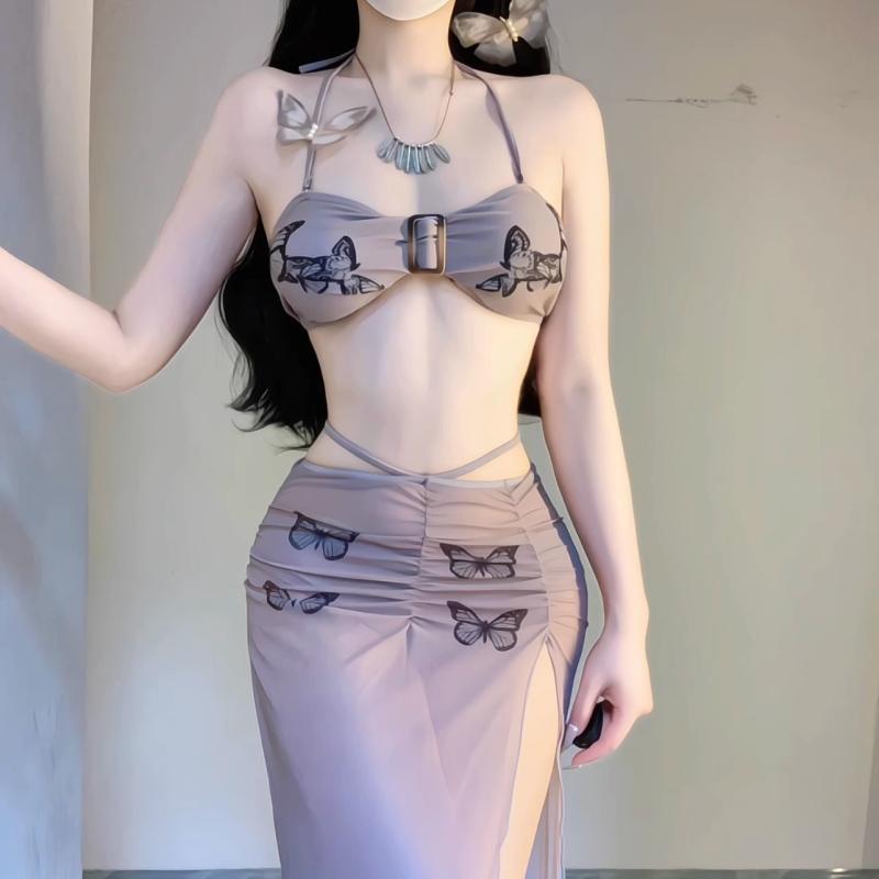 夏コーデ レディース ファッション 服 オシャレ カワイイ 女性用 シンプル 大人カワイイ ビキニ 3ピース バタフライ プリント ホリデー 水着 スプリット ロング スカート