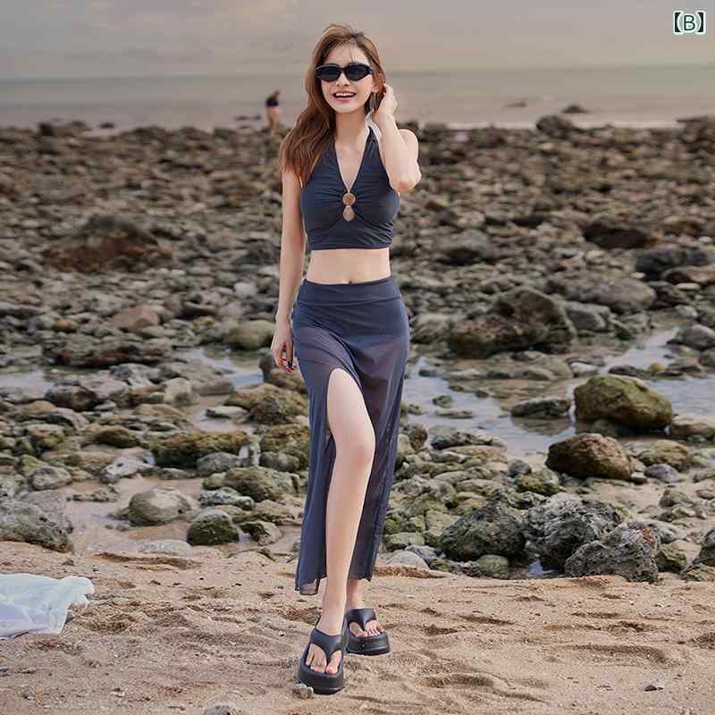 夏コーデ レディース ファッション 服 オシャレ カワイイ 女性用 シンプル 大人カワイイ 水着 セクシー スプリット ロング スカート ハイウエスト ビキニ バカンス バケーション スリーピース 3