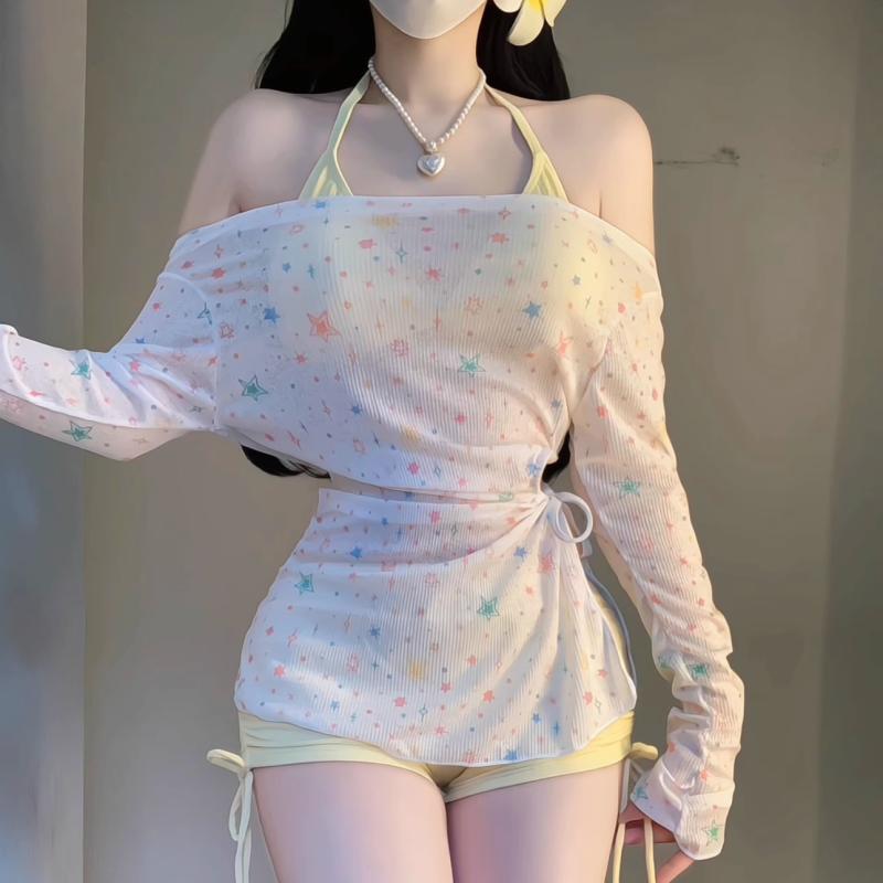 夏コーデ レディース ファッション 服 オシャレ カワイイ 女性用 シンプル 大人カワイイ 水着 長袖 ブラウス バカンス バケーション 海辺 日焼け防止 バケーション ビキニ