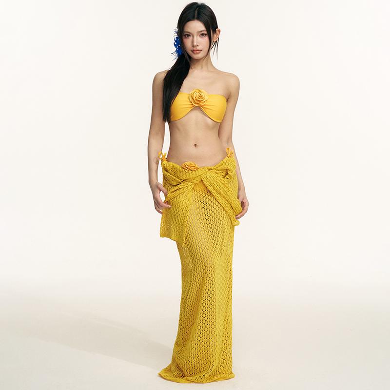 夏コーデ レディース ファッション 服 オシャレ カワイイ 女性用 シンプル 大人カワイイ ピンク イエロー ビキニ 花 ショー ホワイト ロング スカート バカンス バケーション スプリット 水着