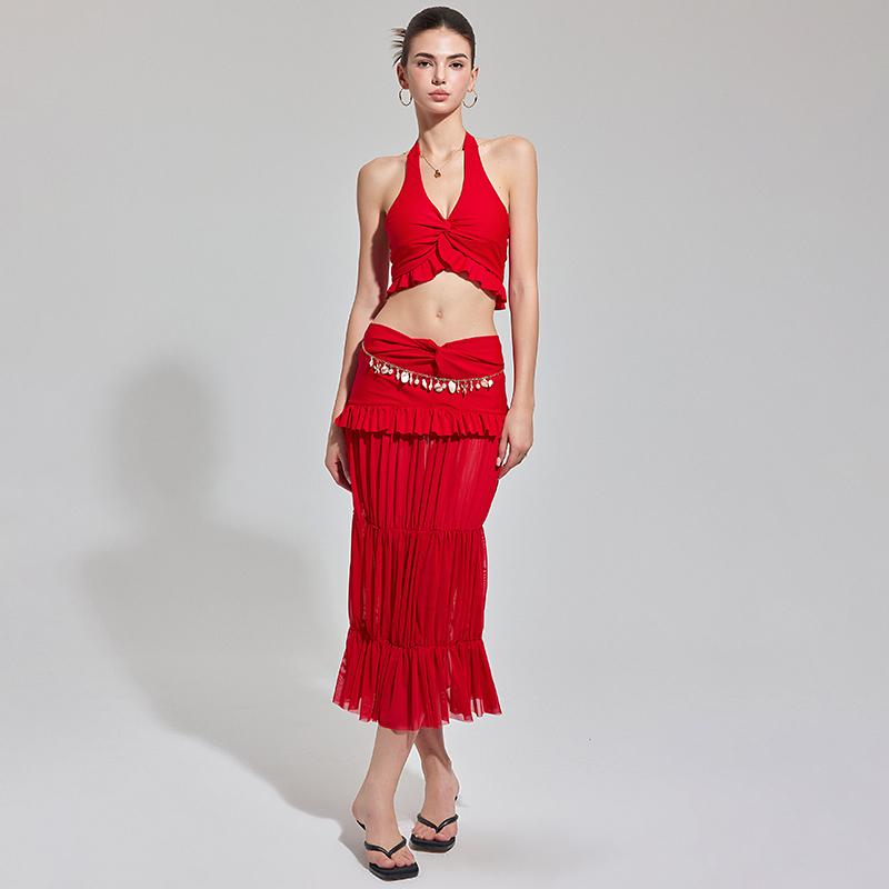 夏コーデ レディース ファッション 服 オシャレ カワイイ 女性用 シンプル 大人カワイイ ピンク レッド ホワイト ビーチ バケーション ビキニ スリーピース ギャザー スプリット 水着