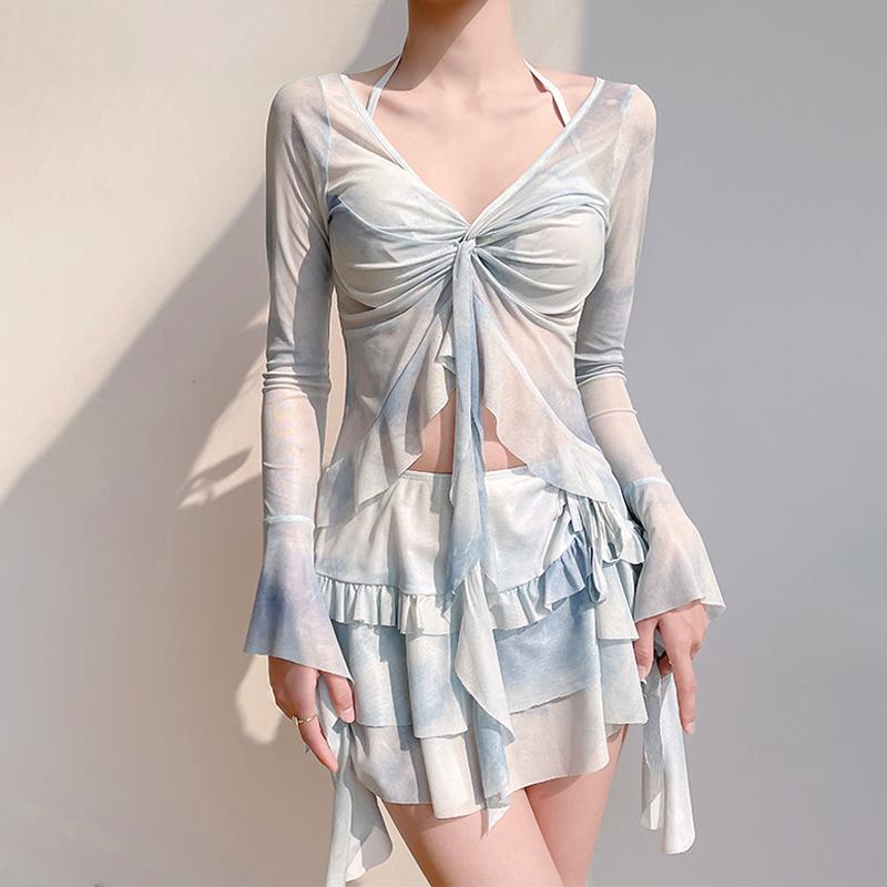 夏コーデ レディース ファッション 服 オシャレ カワイイ 女性用 シンプル 大人カワイイ フェアリー 水着 スプリット ビキニ 長袖 ブラウス スリム