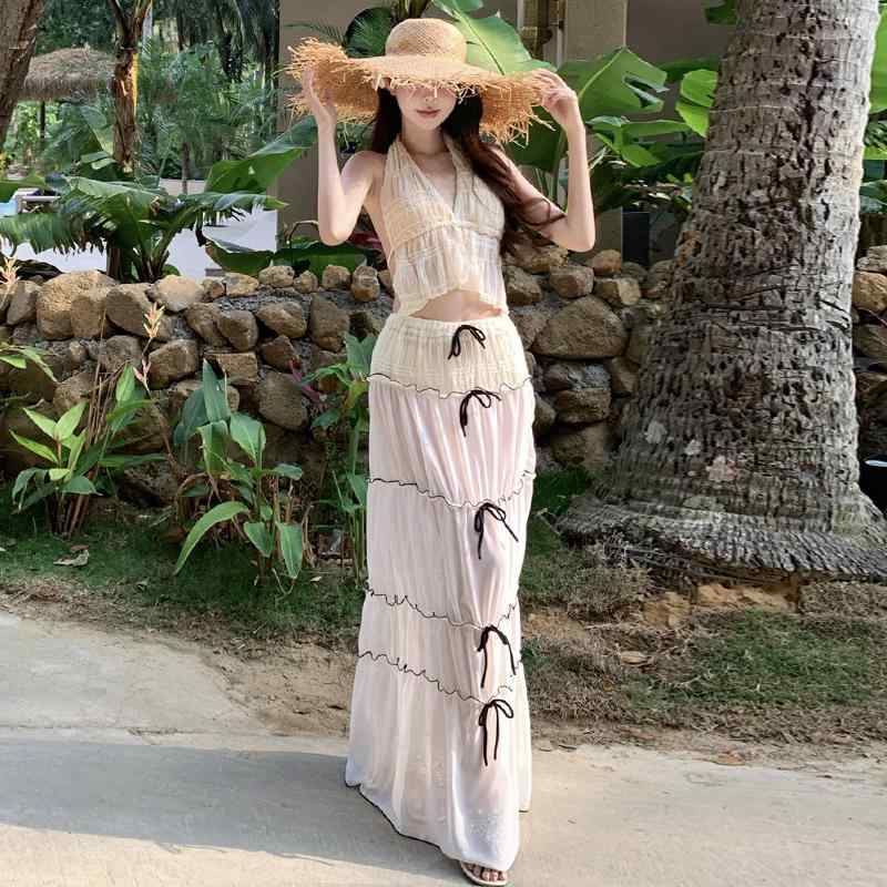 夏コーデ レディース ファッション 服 オシャレ カワイイ 女性用 シンプル 大人カワイイ 旅行 服 海辺 バカンス バケーション ビーチ ドレス 水着 スーツ ロング スカート