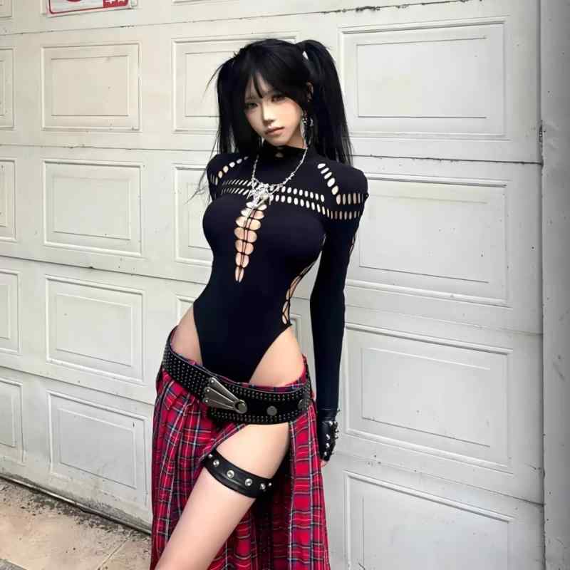 ハーフ タートルネック ジャンプ スーツ セクシー スリム 長袖 トップ